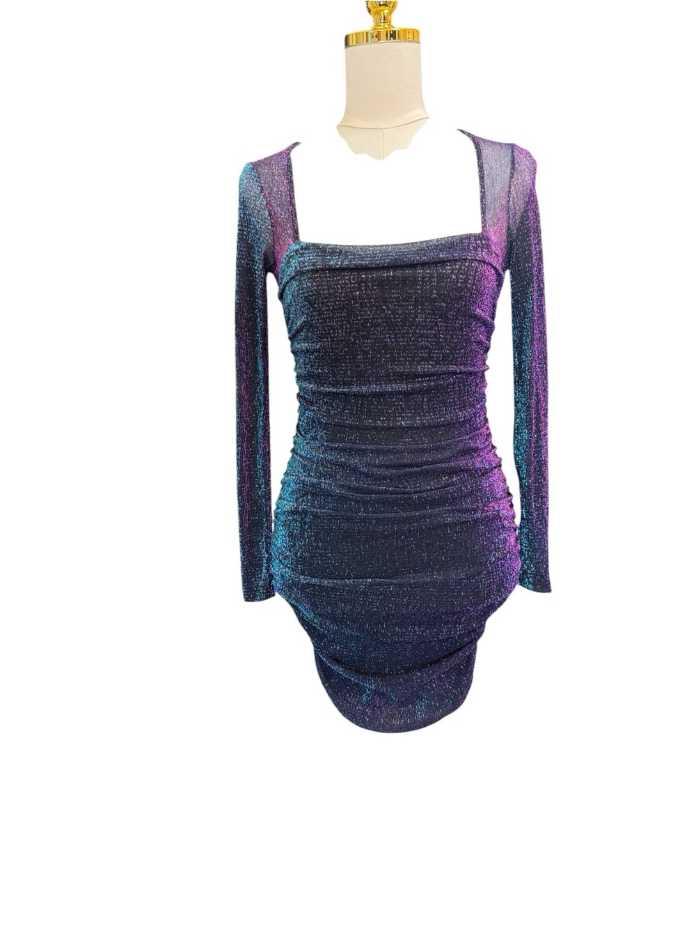 Olive Tree Metallic Ruched Bodycon Mini Dress XS Purple Blue Shimmer